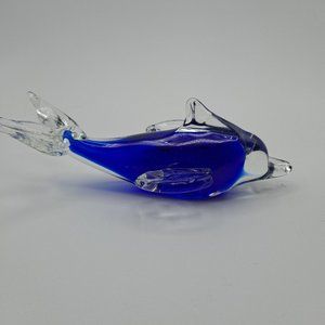 Cobalt Blue & Clear Art Glass Dolphin Figurine Paperweight